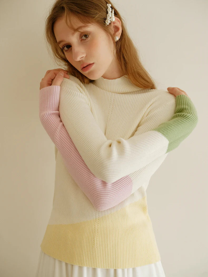 Pastel Color-Block High Neck Sweater