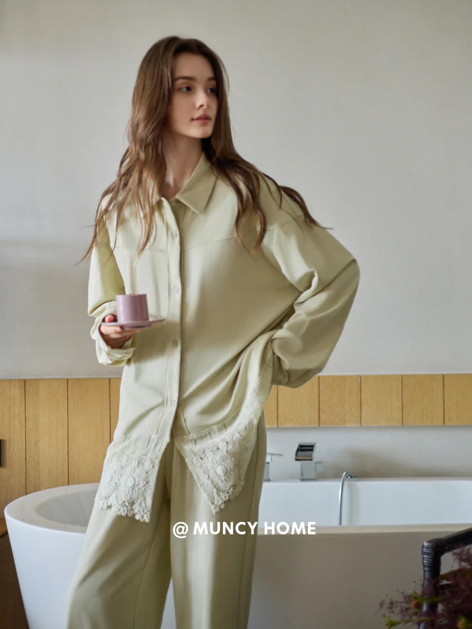 Sage Green Lace Trim Pajama Set