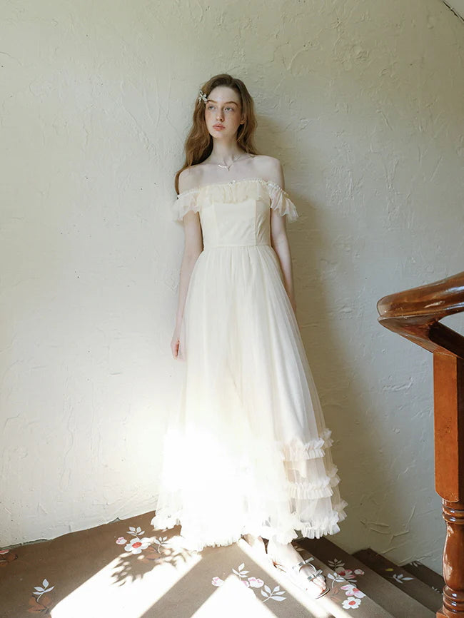 Ivory Tulle Ruffle Off-Shoulder Dress