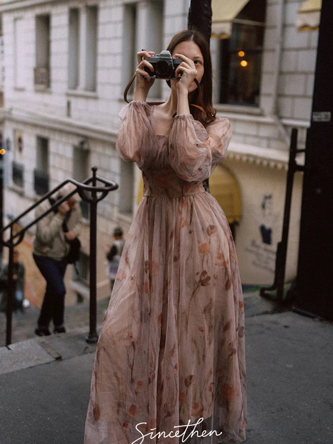 Dusky Floral Dream Puff Sleeve Dress