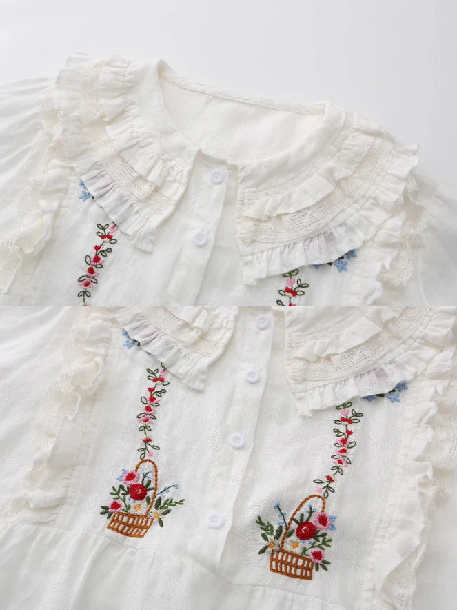 Flower Basket Embroidery Linen Blouse