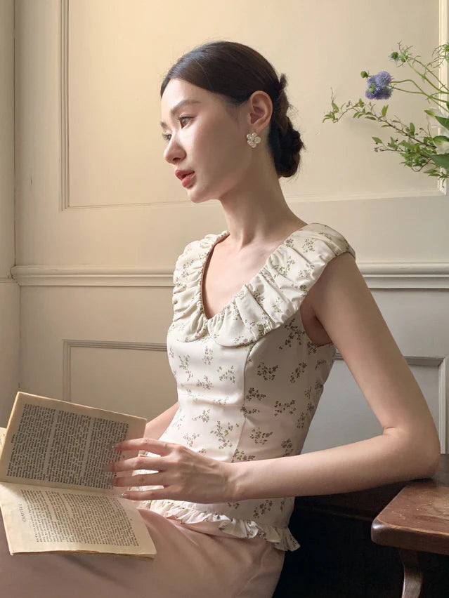 Rose Petal Ruffle Collar Floral Blouse