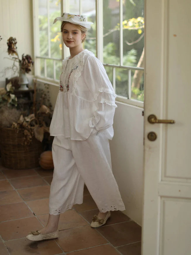 Flower Basket Embroidery Linen Blouse