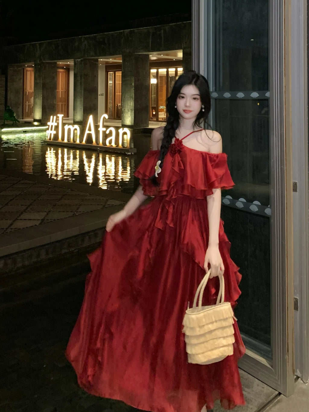 Scarlet Ruffle Off-Shoulder Chiffon Dress