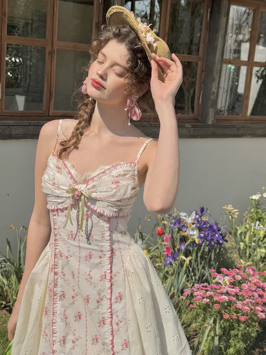 Coquette Blush Floral Lace Bow Dress