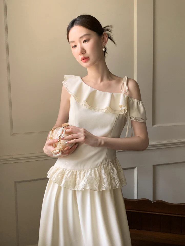 Ivory Ribbon Shoulder Ruffle Top & Skirt