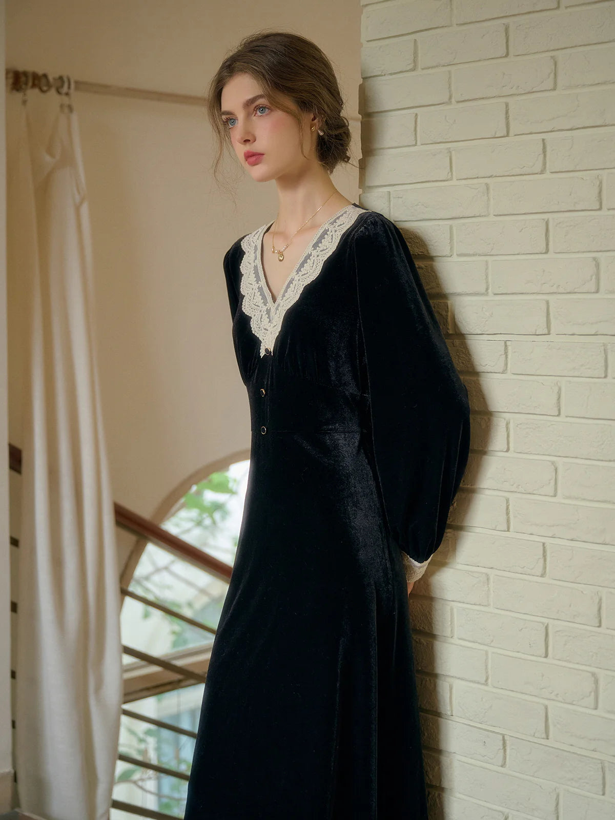 Lace Trim Vintage Velvet Elegance Dress
