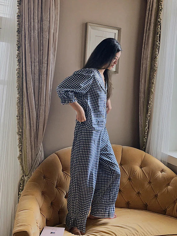 Navy Gingham Lace Collar Pajama Set