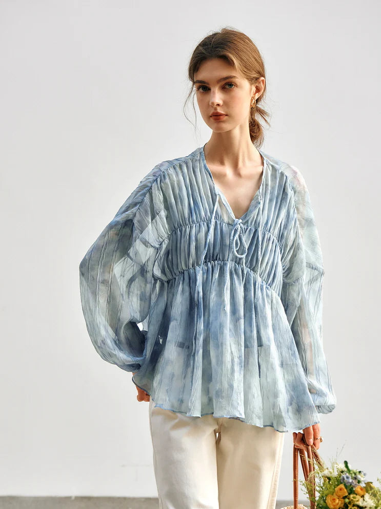 Cloudy Sky Sheer Pleated Blouse