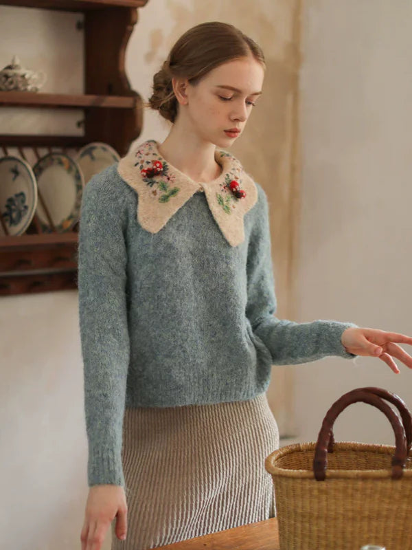 Floral-Collared Alpaca Sweater