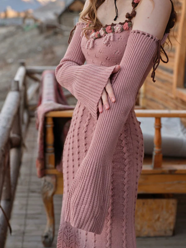 French Vintage Blooming Wool Knit Dress