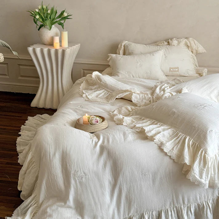 Blush Cream Ruffle Lace Bedding Set