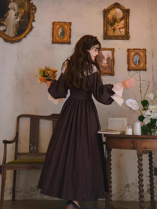 Mocha Reverie Vintage Lace Long Dress