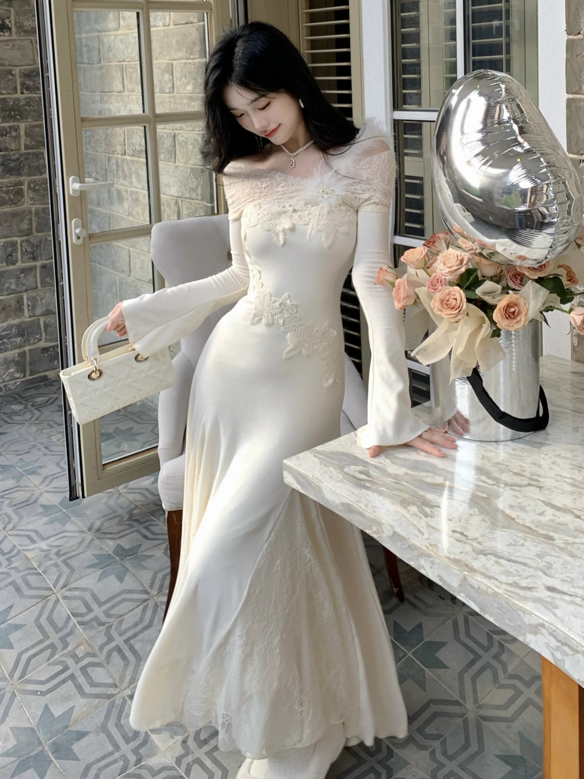 Winter Fairy Lace Feather Gown