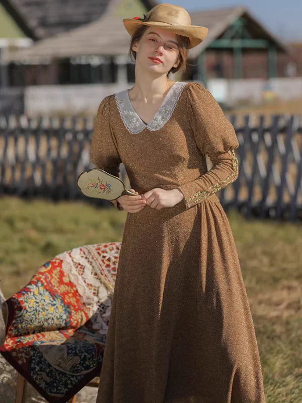 Golden Elegance Victorian Dress
