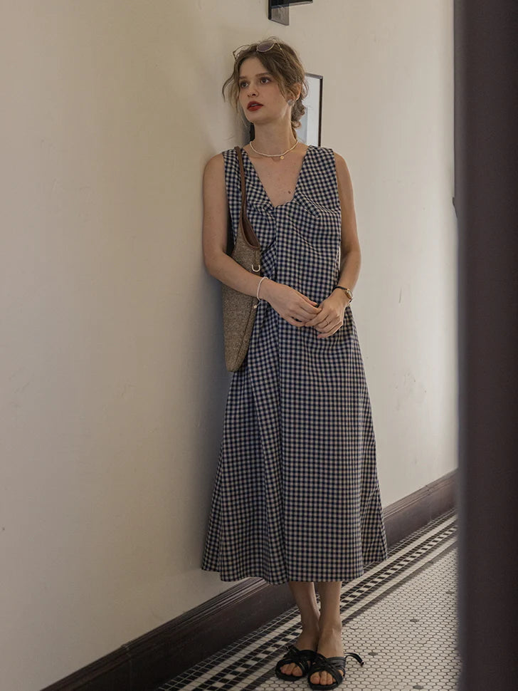 Classic Checkered Cotton-Linen Summer Dress