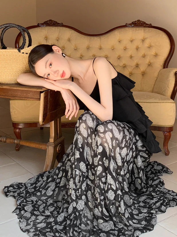Black Ruffle Camisole & Paisley Maxi Skirt