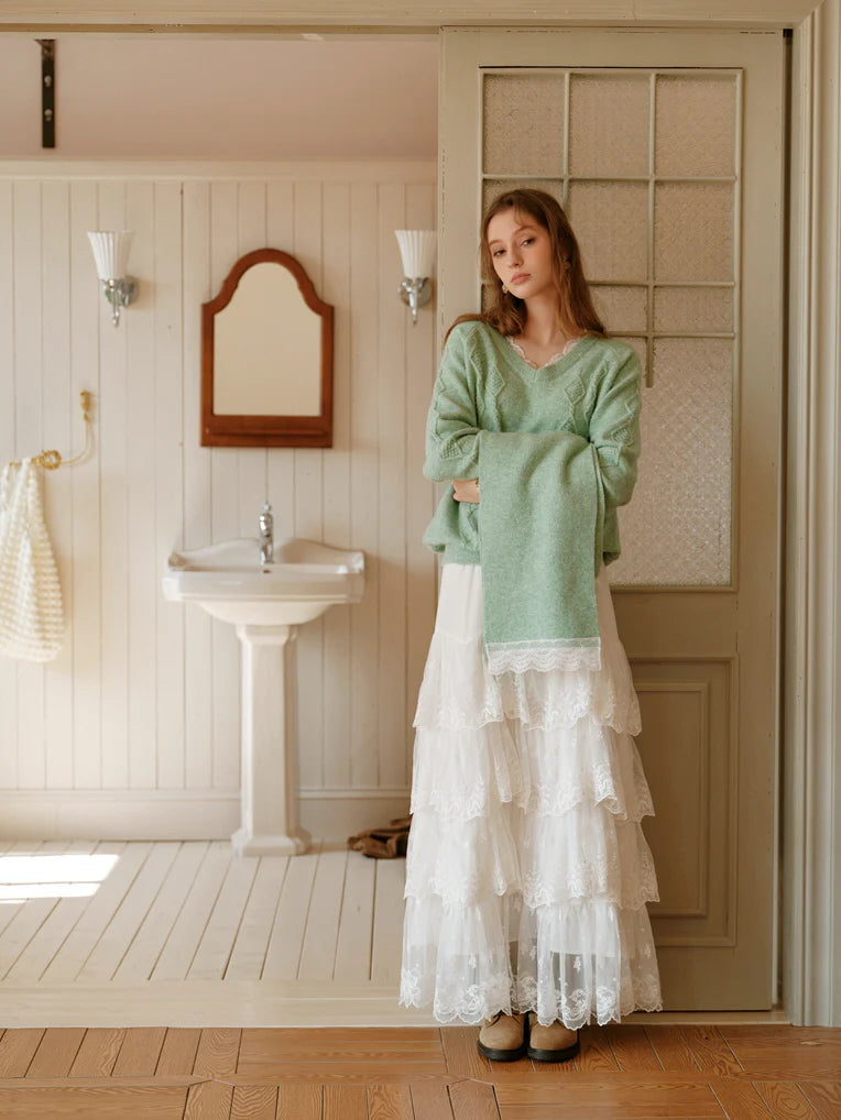 Pastel Lace-Trim Knit Sweater & Scarf