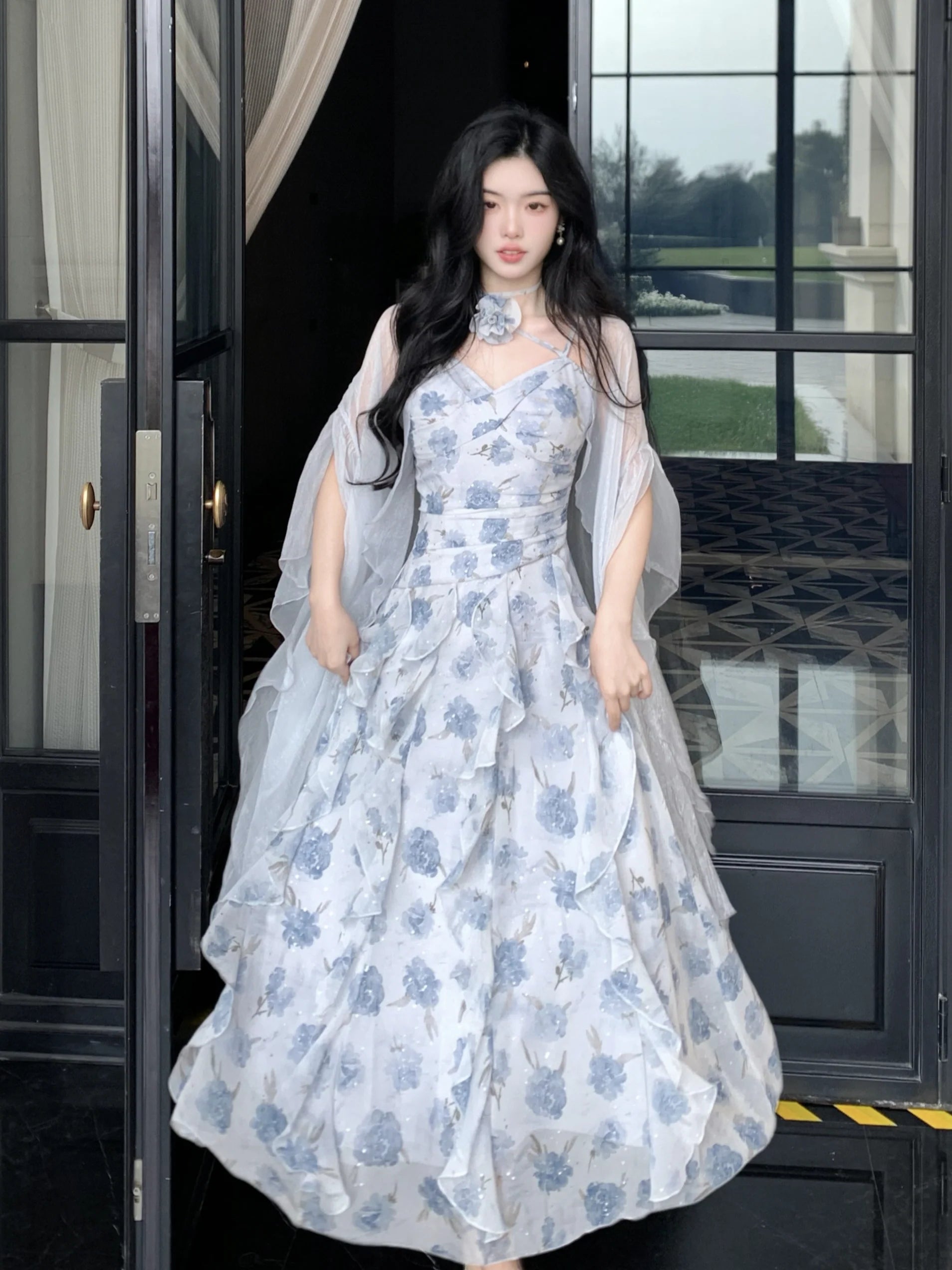 Whimsical Bloom Ruffle Chiffon Dress