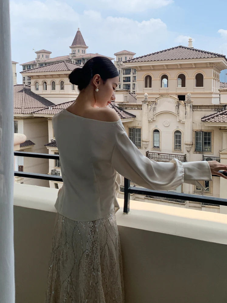 Off-Shoulder Flower Accent Blouse