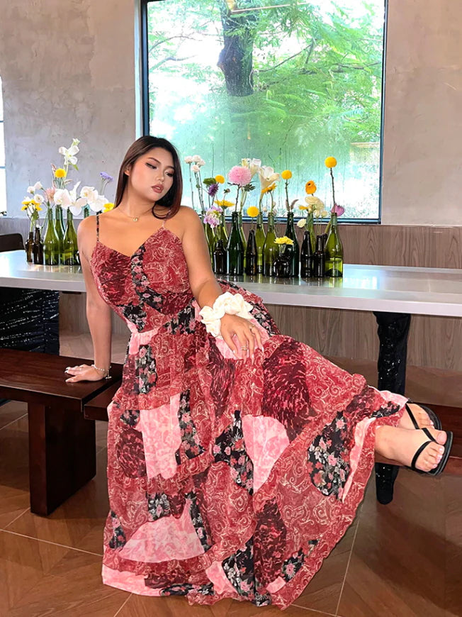 Rosy Patchwork Ruffle Maxi Dress