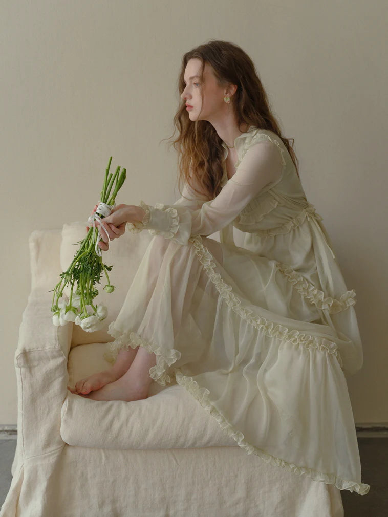 Soft Cream Ruffle Tiered Sheer Dress
