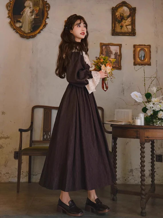 Mocha Reverie Vintage Lace Long Dress