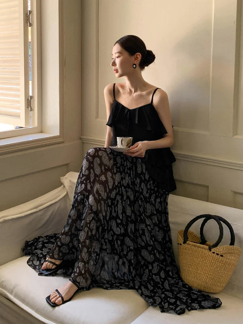 Black Ruffle Camisole & Paisley Maxi Skirt