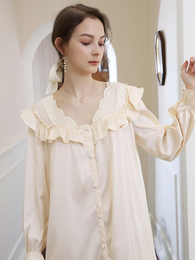 Vintage-Inspired Cream Ruffle  Nightgown