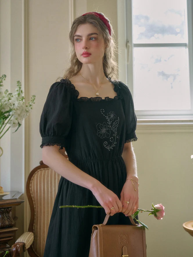 Noir Rose Embroidered Vintage Black Dress