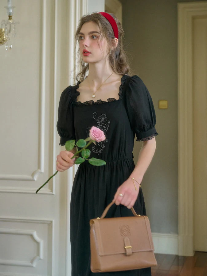 Noir Rose Embroidered Vintage Black Dress