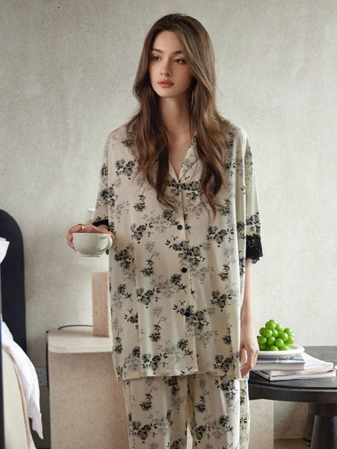 Black Rose Lace Trim Pajama Set