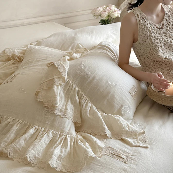 Blush Cream Ruffle Lace Bedding Set