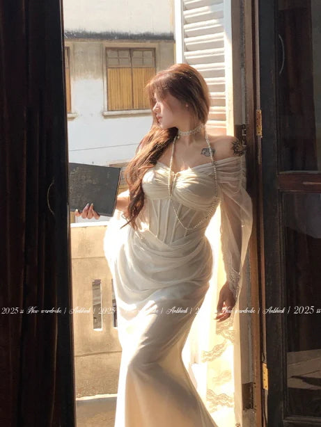 Ethereal White Lace Drape Corset Gown