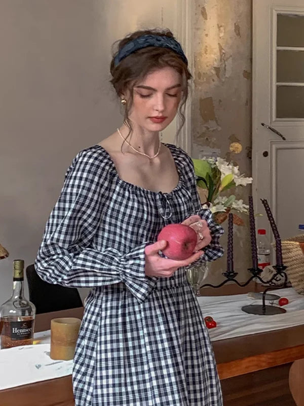 Classic Checkered Ribbon-Strap Dress