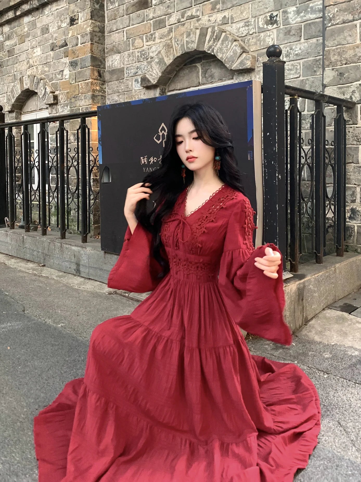 Ruby Elegance Lace-Up Maxi Dress