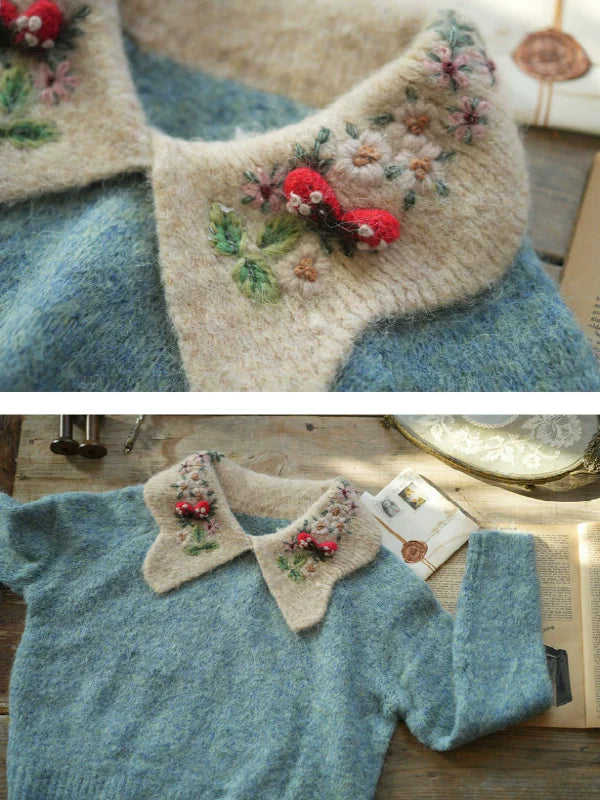 Floral-Collared Alpaca Sweater