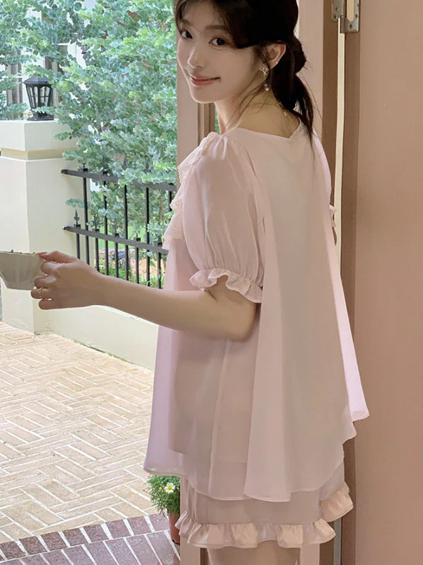 Blush Ruffle Lace Chiffon Pajama Set