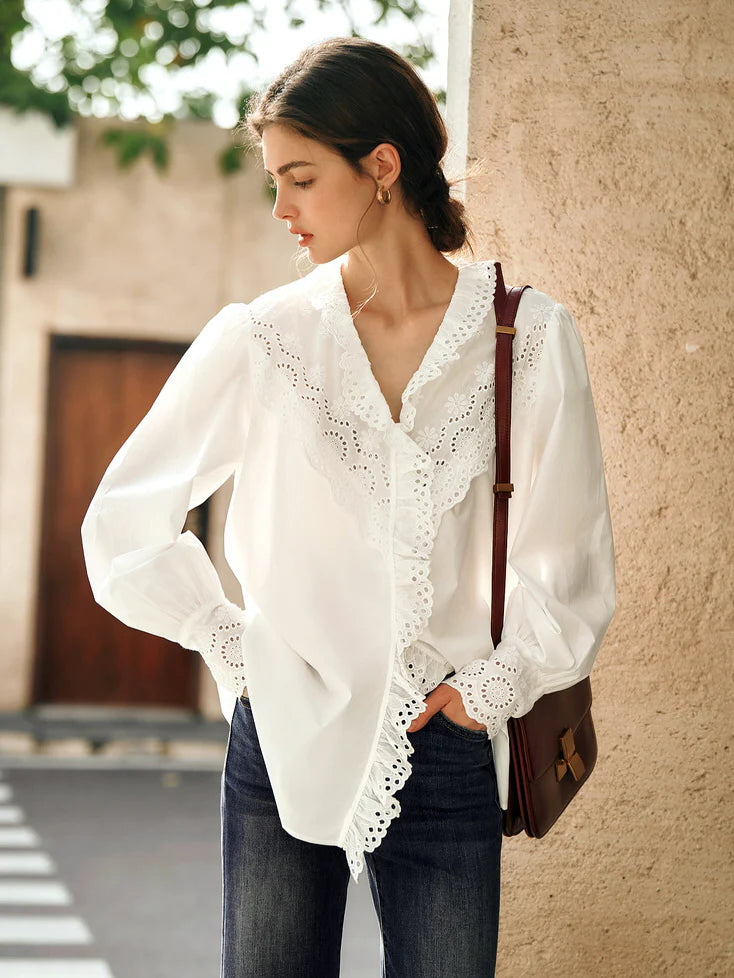 Vintage Eyelet Lace Ruffle Blouse