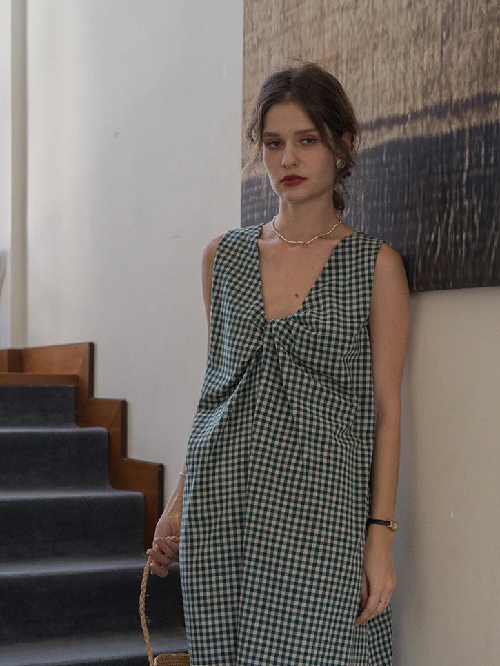 Classic Checkered Cotton-Linen Summer Dress