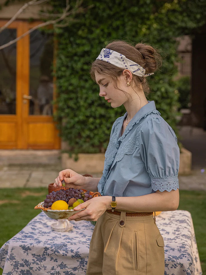 Blue Embroidery Collar Cottage Blouse