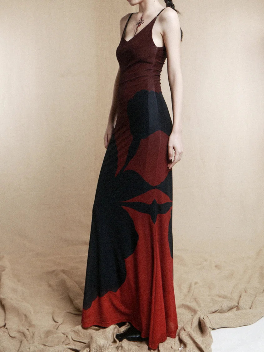 Crimson Shadow Bloom Slip Dress