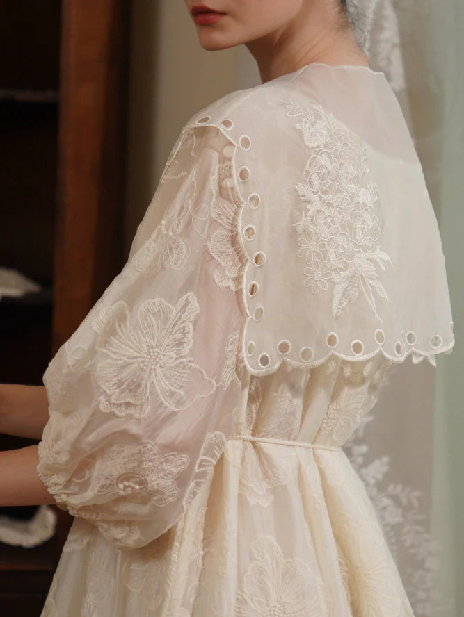 Embroidered Shawl Collar Tiered Dress