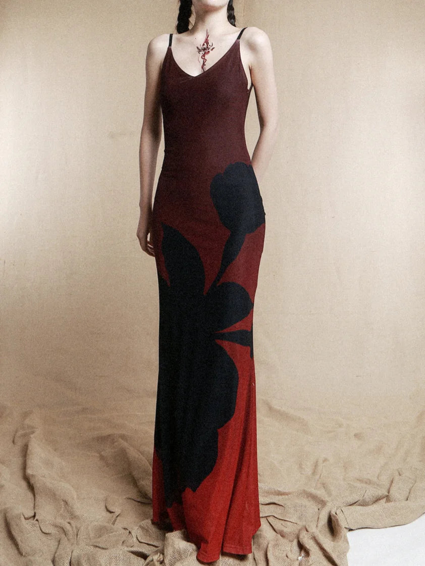 Crimson Shadow Bloom Slip Dress