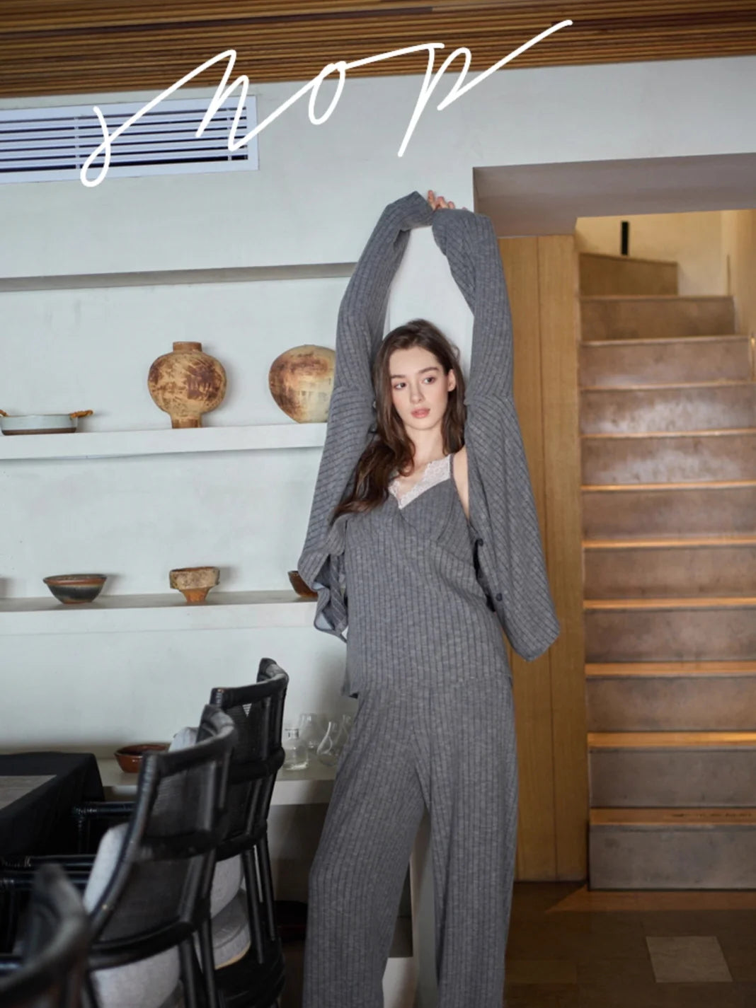 Gray Lace Trim Ribbed Pajama Set