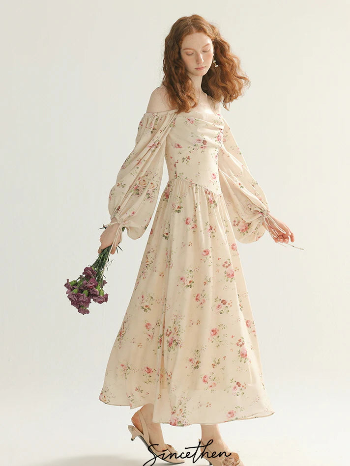 Vintage Rose Garden Off-Shoulder Dress
