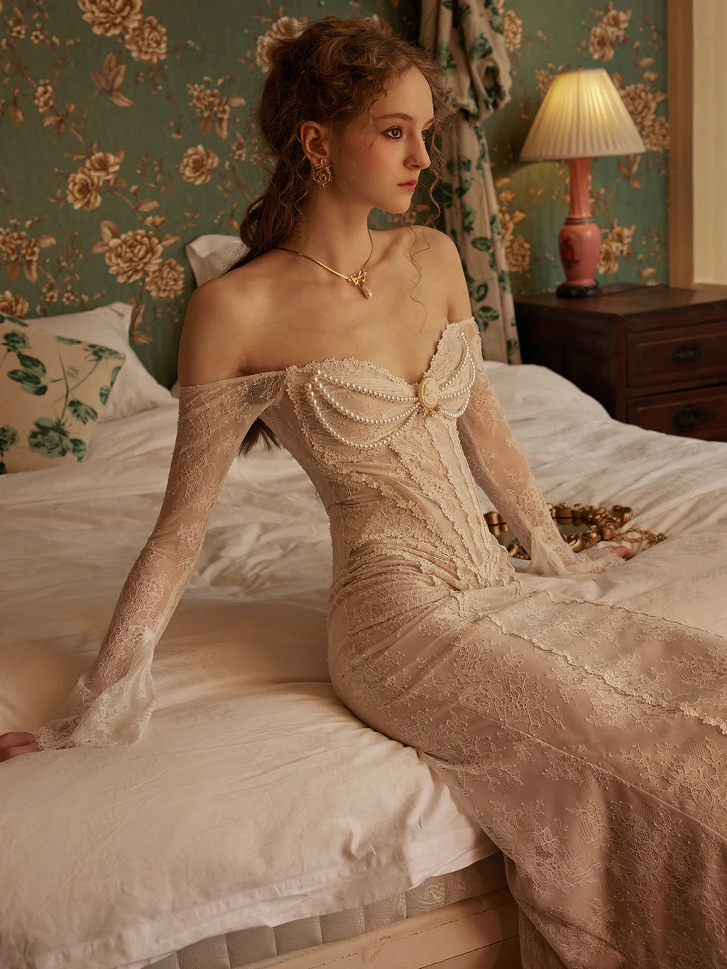 Victorian Elegance Off-Shoulder Lace Gown