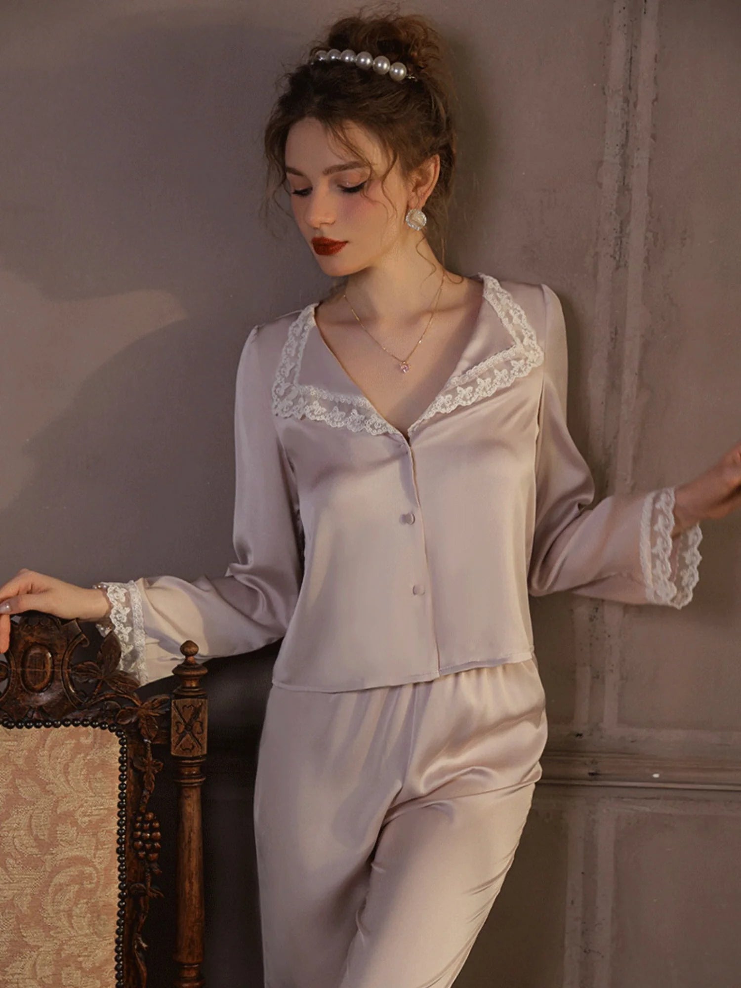 Elegant Lace Trim Loungewear Pajamas Set