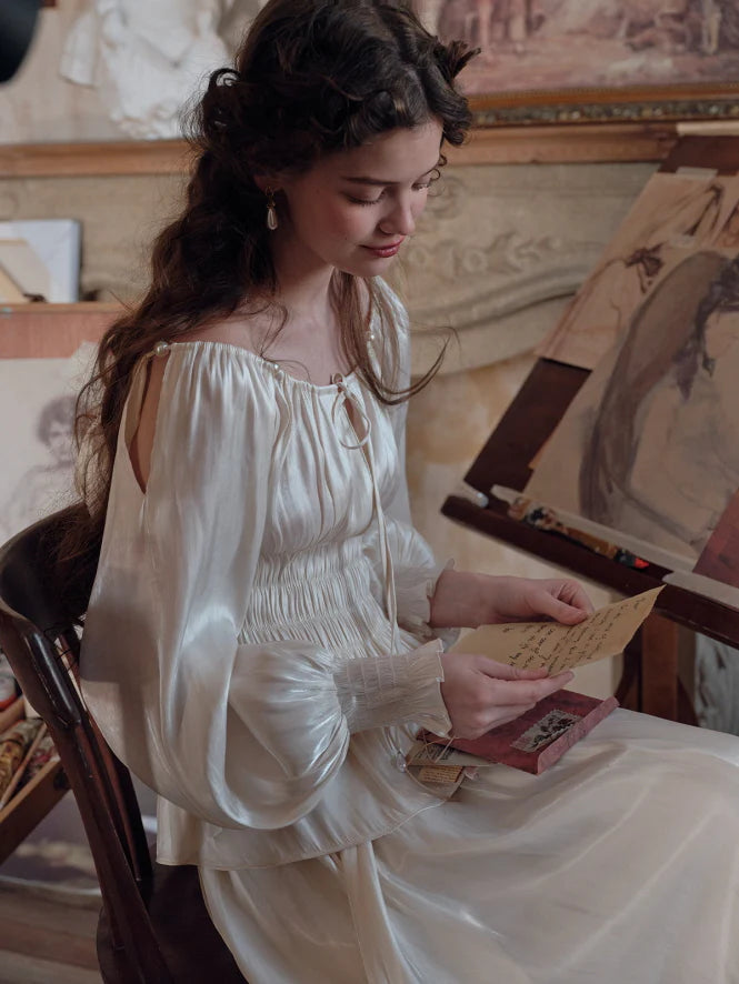 Pearl Ribbon Shirred Ivory Blouse