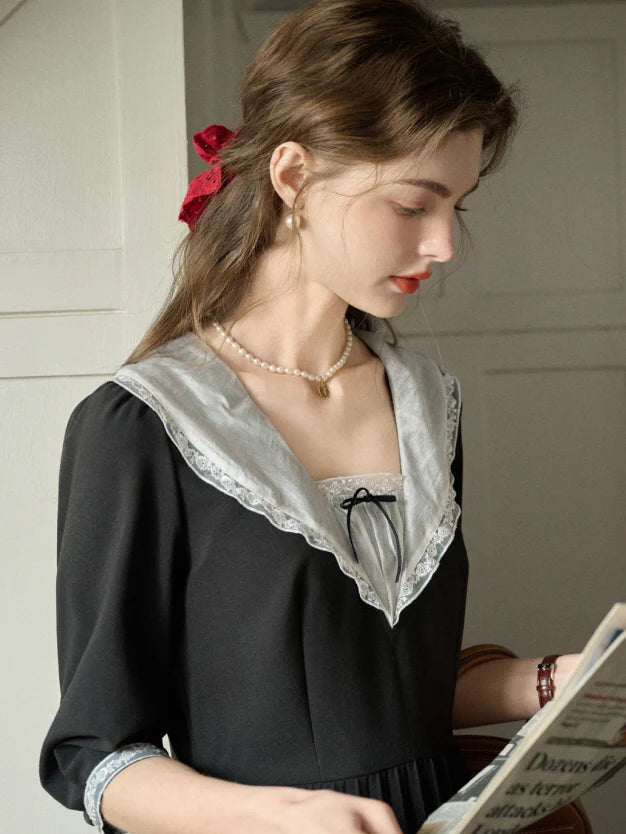 Lace Collar Pleated Black Dress